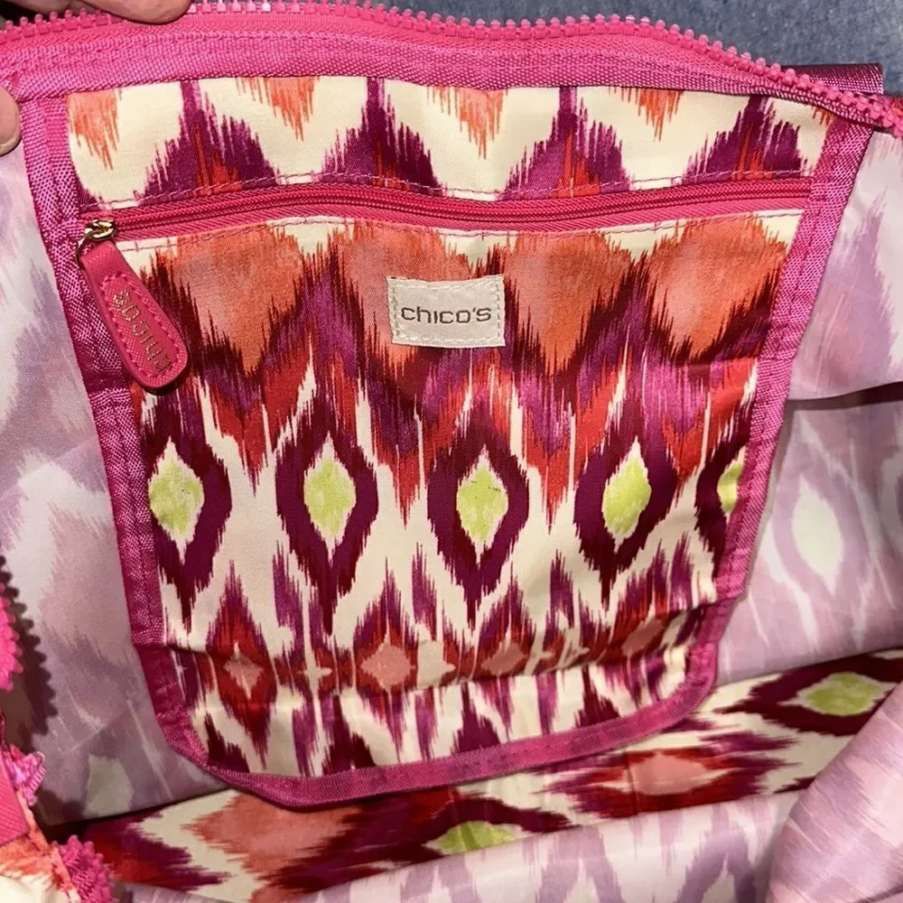 CHICO’S Ivory Coral Pink Green Purple Packable Large Weekender Polyester Bag
